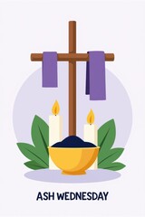 Ash wednesday religious symbol with cross candles and ashes