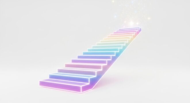 Stairway to success with rainbow colors and glowing lights on white background.