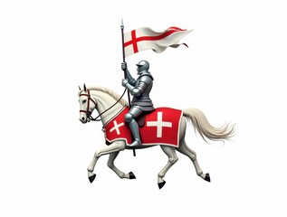 Knight in full armor riding a white horse with england flag