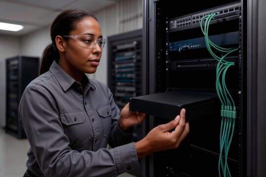 IT technician installing network hardware in a data center server rack.