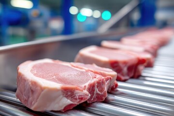 Pork cuts displayed on a conveyor belt in a meat processing facility during operational hours