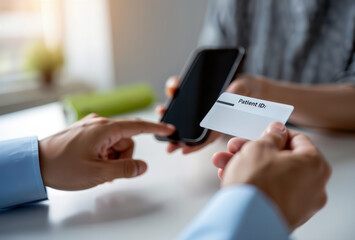 Patient using smartphone and ID card for clinic registration at a front desk.