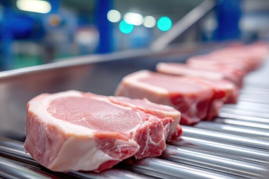 Pork cuts displayed on a conveyor belt in a meat processing facility during operational hours