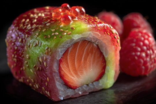 Colorful sushi roll showcasing a vibrant tropical fusion of ingredients with fresh fish, fruits, and artistic presentation on a dark background