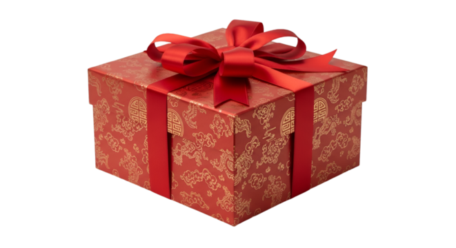 Elegant red gift box adorned with golden Asian-inspired designs tied with a luxurious ribbon perfect for celebrating Lunar New Year festivities
