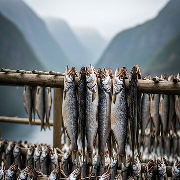A cluster of dried Stockfish (T&oslash;rrfisk) hanging on wooden racks with a blurred, misty fjord backdrop
