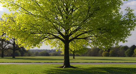 Fototapeta premium Stately solitary tree in a sunlit park on a bright day
