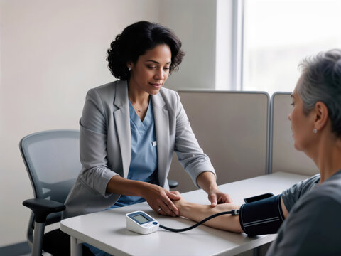 Female doctor checking senior patient's blood pressure in medical clinic.