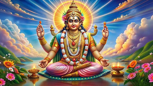 Animated illustration of the Hindu deity Lord Vishnu. God meditating in a lotus position with a divine halo. Spiritual concept for worship and devotion