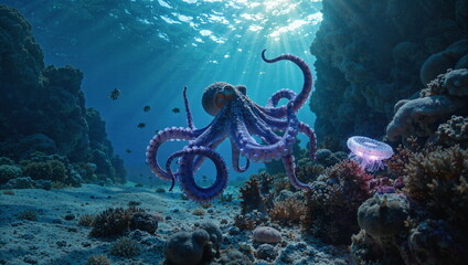 A painting depicting life underwater. Rich in plant and animal life. Beautiful light and great detail.