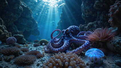 A painting depicting life underwater. Rich in plant and animal life. Beautiful light and great detail.