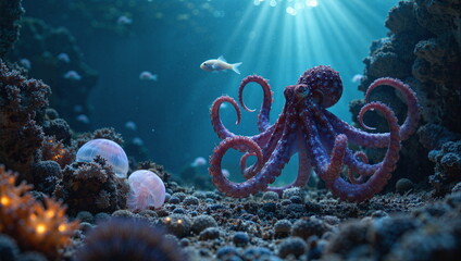 A painting depicting life underwater. Rich in plant and animal life. Beautiful light and great detail.