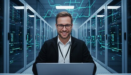 A smiling IT engineer works confidently on a laptop inside a high-tech data center, surrounded by server racks—symbolizing technology, cybersecurity, and modern digital
