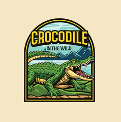 crocodile illustration with retro style details for badge logo