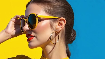 A stylish woman poses in yellow sunglasses and red lipstick. Modern fashion portrait against a colorful background. Summer beauty and style concept