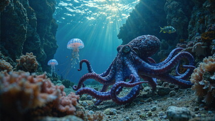 A painting depicting life underwater. Rich in plant and animal life. Beautiful light and great detail.