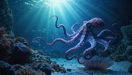 A painting depicting life underwater. Rich in plant and animal life. Beautiful light and great detail.