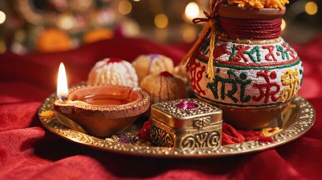Traditional Karva Chauth Puja Ritual Thali with Diya and Kalash