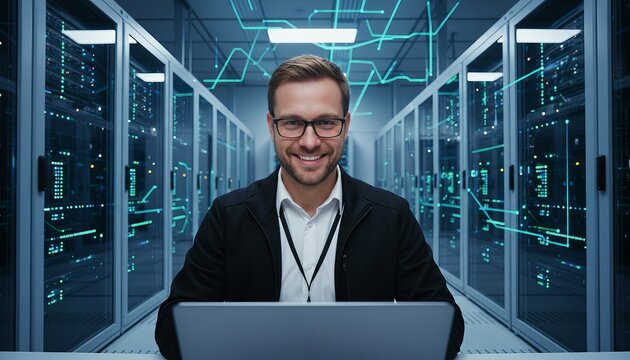 A smiling IT engineer works confidently on a laptop inside a high-tech data center, surrounded by server racks—symbolizing technology, cybersecurity, and modern digital