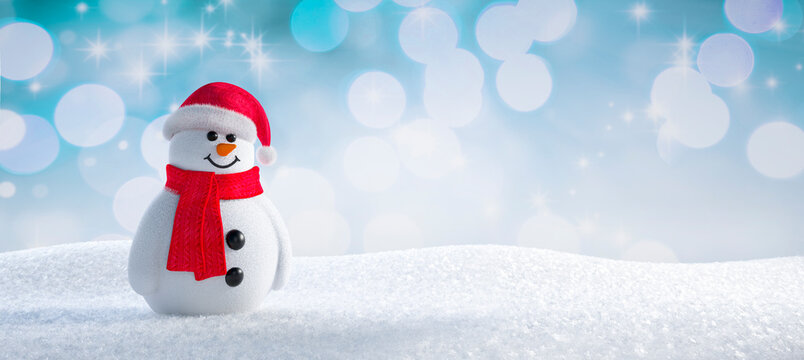 Happy cute snowman standing in winter landscape - greeting card with copy space - 3D illustration