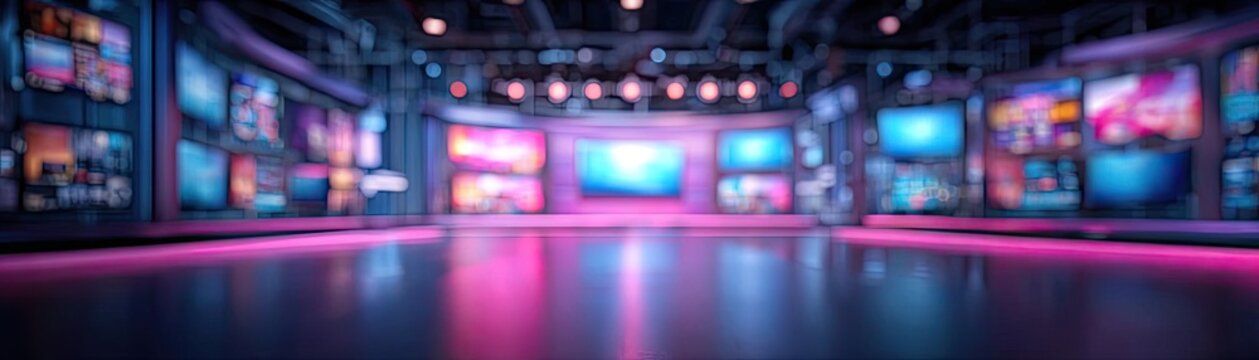 Abstract blurred studio view at tv station concept. Modern television studio with vibrant lighting and multiple screens.