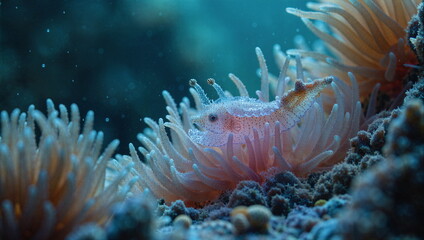 A painting depicting life underwater. Rich in plant and animal life. Beautiful light and great detail.