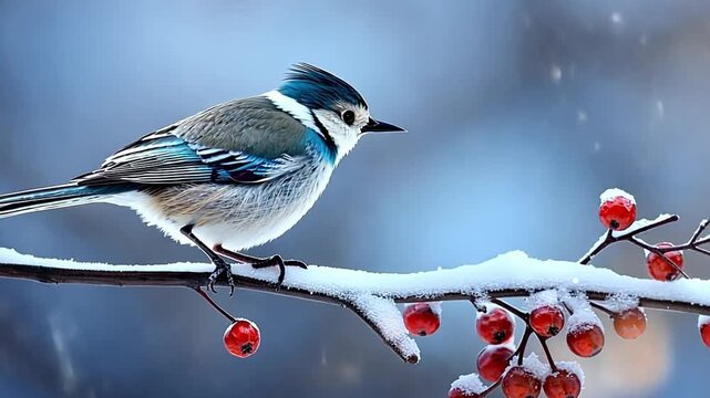 A small blue bird perches on a snowy branch with red berries. Gentle snowfall in a winter nature scene. Animated wildlife footage