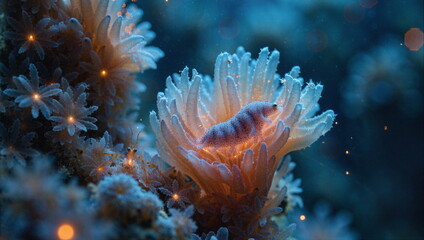 A painting depicting life underwater. Rich in plant and animal life. Beautiful light and great detail.