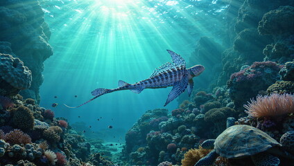 A painting depicting life underwater. Rich in plant and animal life. Beautiful light and great detail.