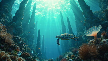 A painting depicting life underwater. Rich in plant and animal life. Beautiful light and great detail.