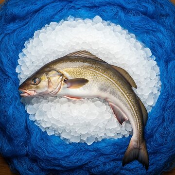 fresh, whole Atlantic Cod (Torsk) on a bed of crushed ice and blue fishing net material, simulating a market display. 
