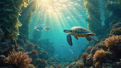 A painting depicting life underwater. Rich in plant and animal life. Beautiful light and great detail.