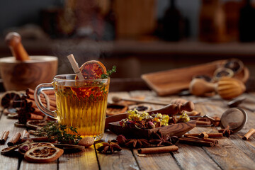 Herbal tea with thyme and dried orange slice.