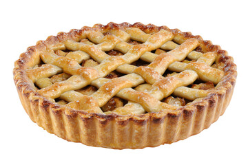 A golden brown apple pie with a woven lattice crust displays its sweet filling on a dark surface