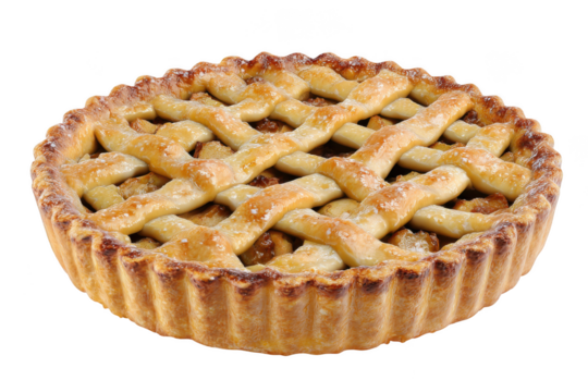 A golden brown apple pie with a woven lattice crust displays its sweet filling on a dark surface