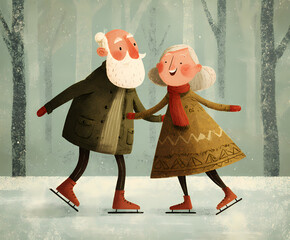 Grandfather and grandmother skating on ice AI generated