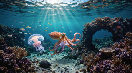 A painting depicting life underwater. Rich in plant and animal life. Beautiful light and great detail.