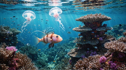 A painting depicting life underwater. Rich in plant and animal life. Beautiful light and great detail.