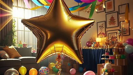 A large gold star-shaped balloon at a festive party. Close-up of shiny foil decoration in a decorated room for a birthday or holiday celebration. - Powered by Adobe