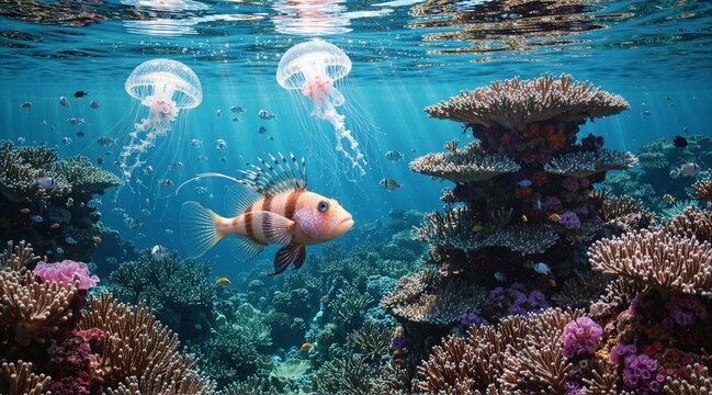 A painting depicting life underwater. Rich in plant and animal life. Beautiful light and great detail.