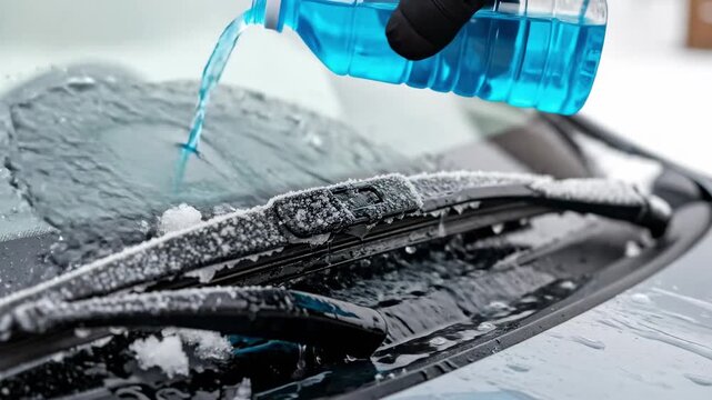 Pouring Blue Windshield Washer Fluid onto Iced Winter Windshield in Cold Weather Conditions
