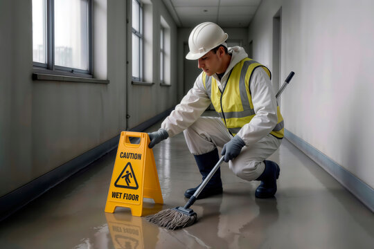 Industrial cleaner in safety gear mopping wet floor next to yellow caution sign.