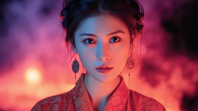 Close-up of Tang Dynasty Woman's Face Under Neon Lights