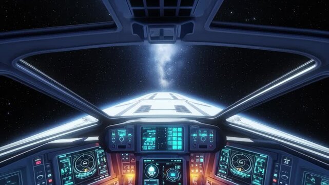 Futuristic spaceship cockpit with holographic displays navigates the vastness of space and galaxy 4k high quality footage