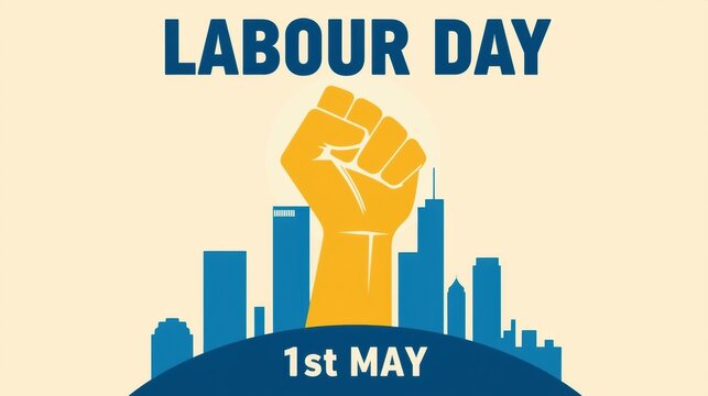 Labor day fist raised against cityscape celebrating workers rights