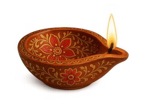 Indian diya lamp providing light, symbolizing hope and festivity. Features intricate traditional clay artwork and a warm flame