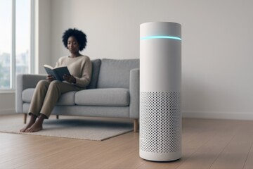 Woman reading a book on a sofa with a smart speaker in the foreground.