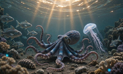 A painting depicting life underwater. Rich in plant and animal life. Beautiful light and great detail.