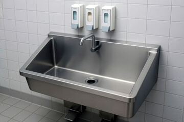 Fototapeta premium Stainless steel industrial sink with soap dispensers mounted on a white tiled wall.