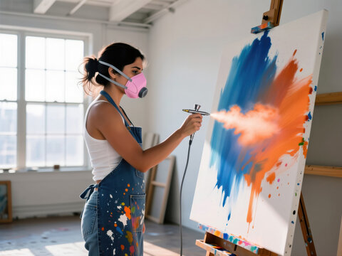 Female artist wearing a respirator mask and apron using an airbrush on a canvas in a studio. - Powered by Adobe